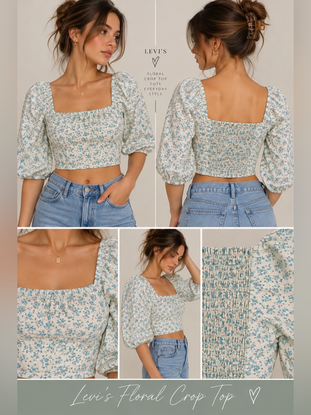 Levi's White and Teal Floral Elastic Waist Crop Top